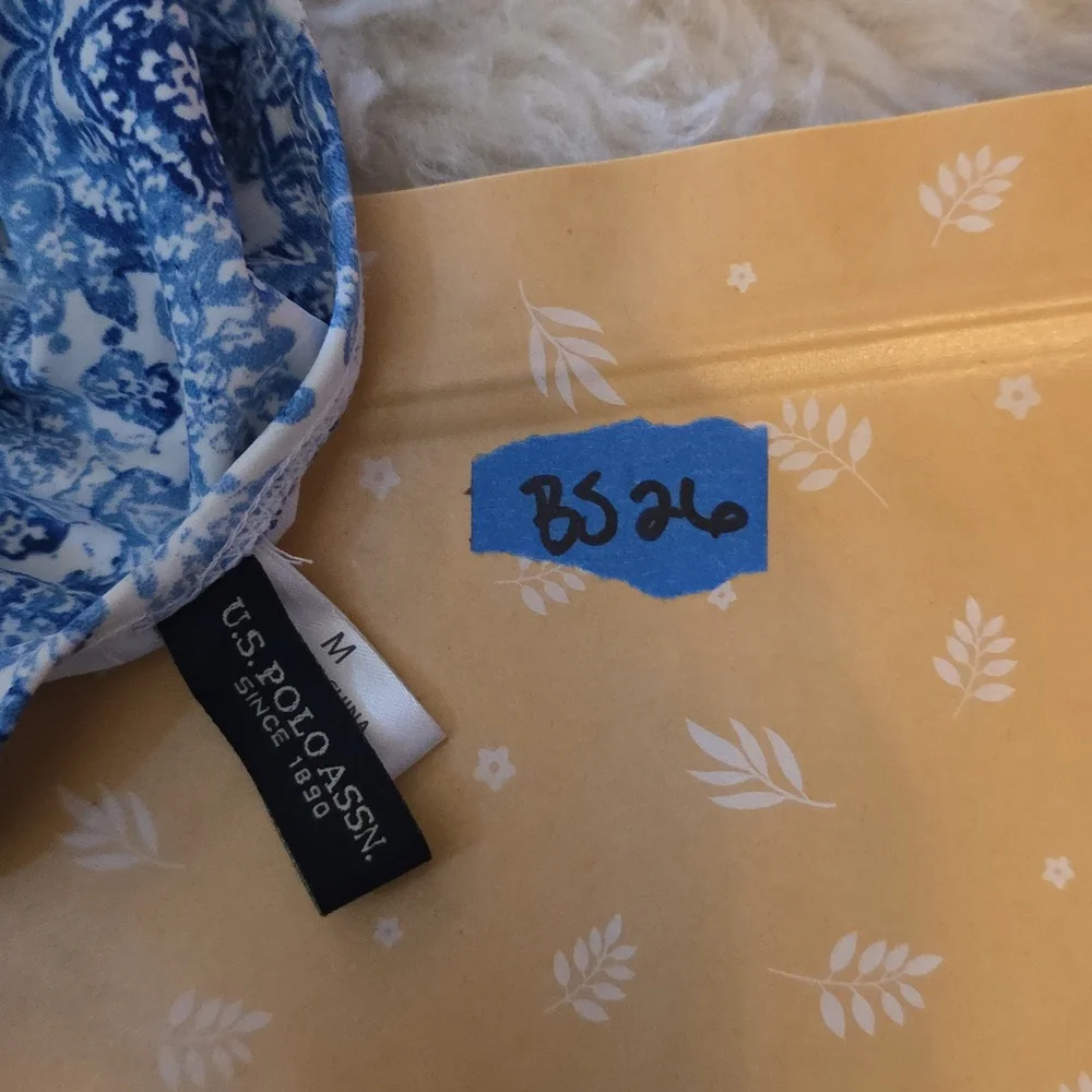 U.S. Polo Assn. Blue and White Patterned Ruffle Trim‎ Swimsuit Size Med BS26